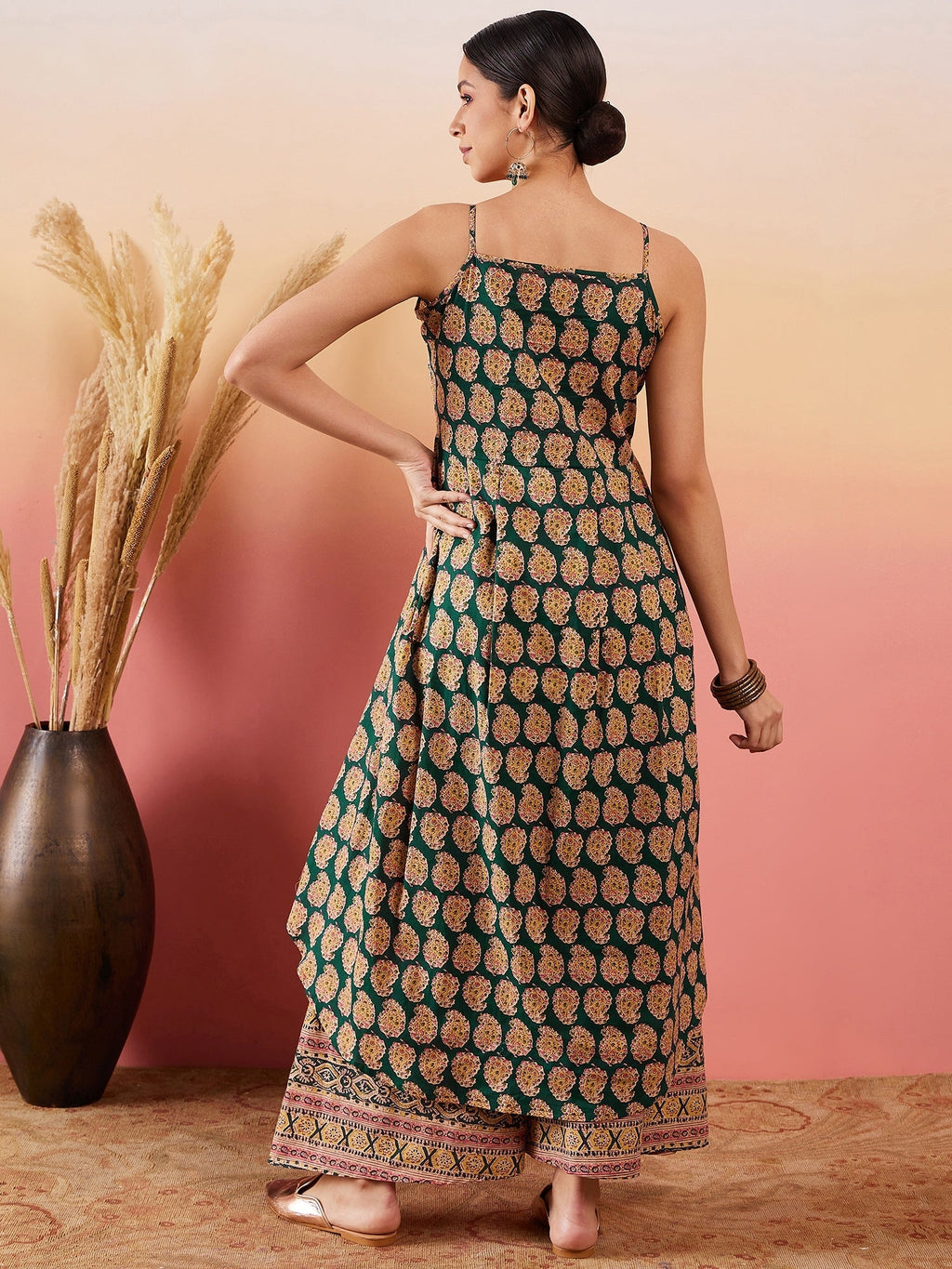 InWeave Dark Green Paisley Print Strappy Printed Palazzo Set - Distacart