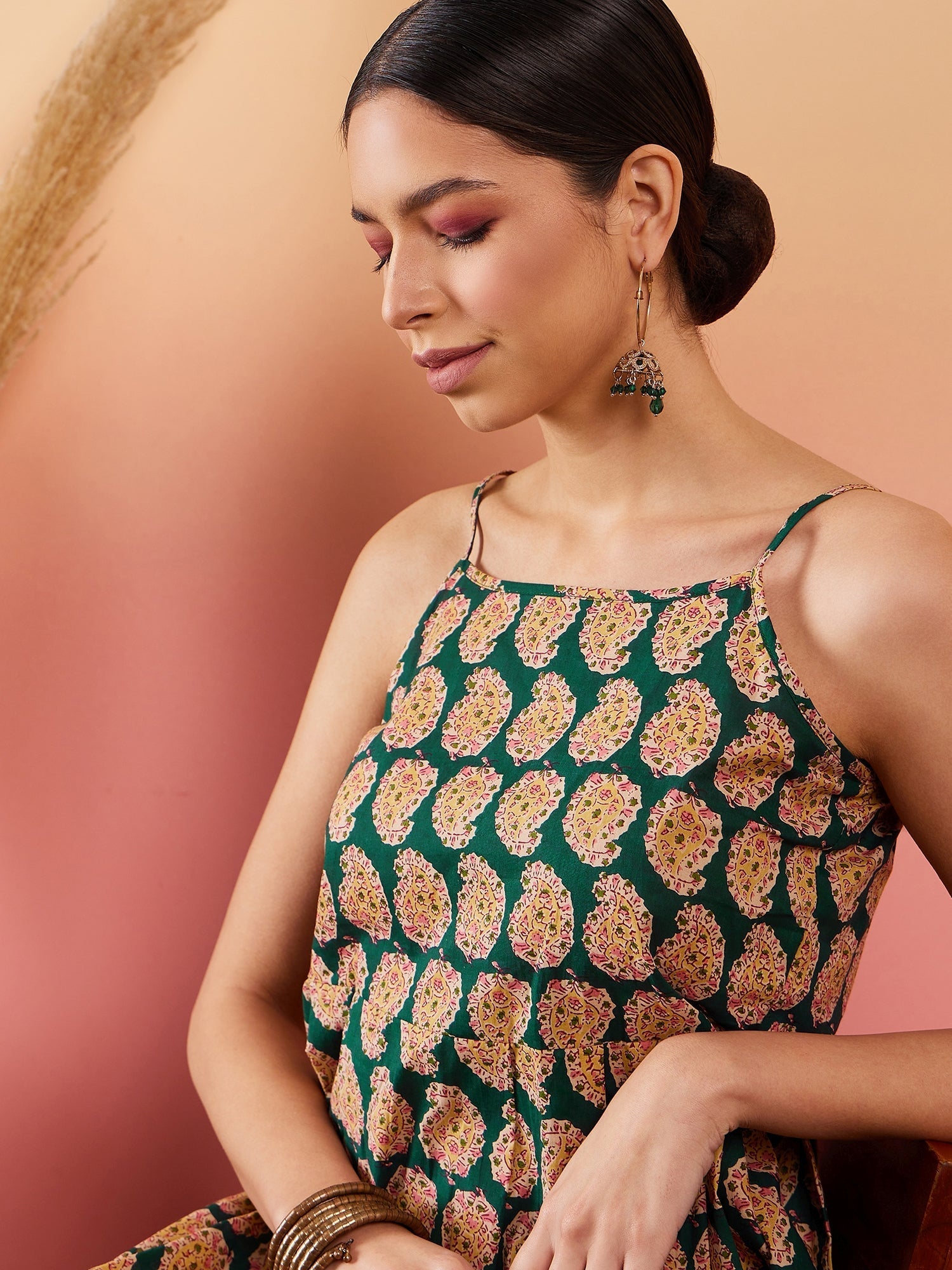 InWeave Dark Green Paisley Print Strappy Printed Palazzo Set - Distacart