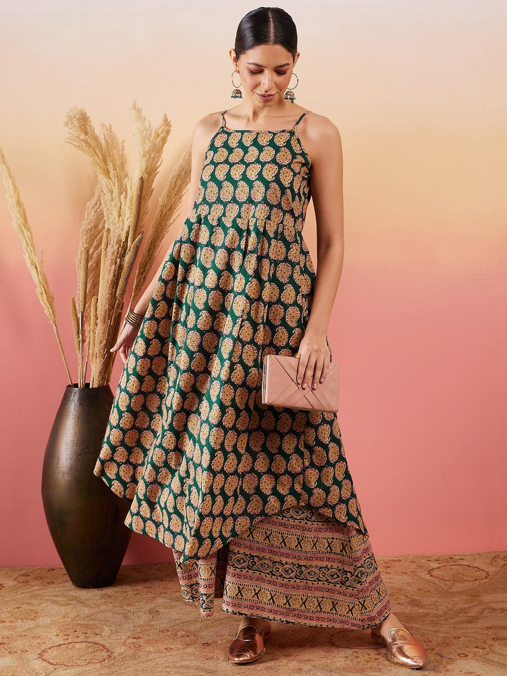 InWeave Dark Green Paisley Print Strappy Printed Palazzo Set - Distacart