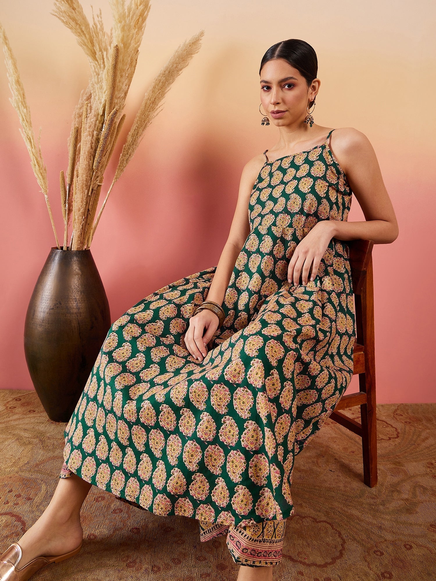 InWeave Dark Green Paisley Print Strappy Printed Palazzo Set - Distacart