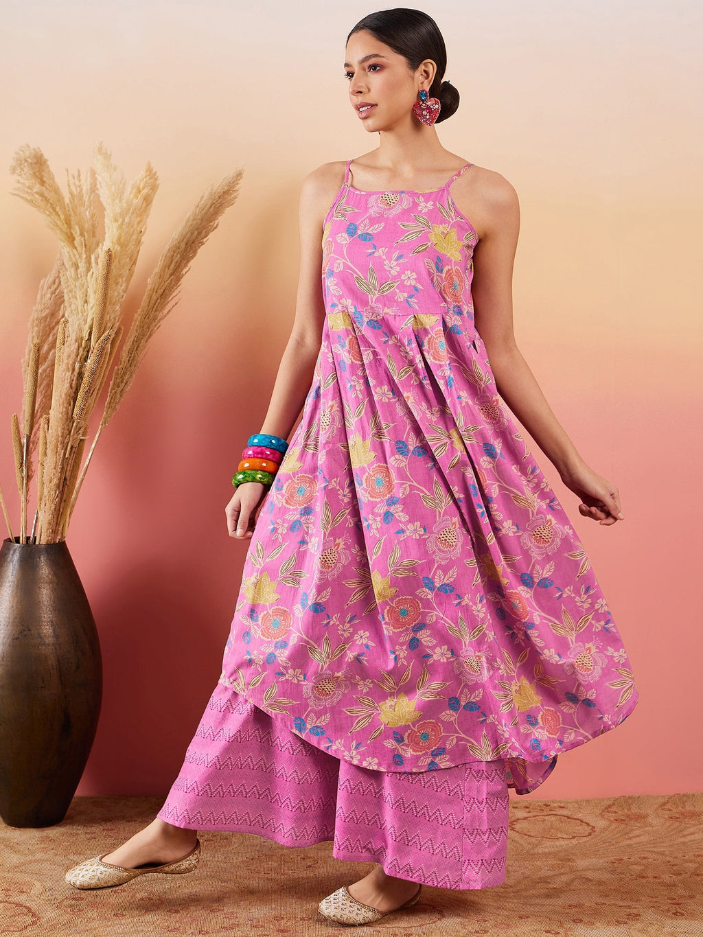 InWeave Dull Pink Floral Print Strappy Printed Palazzo Set