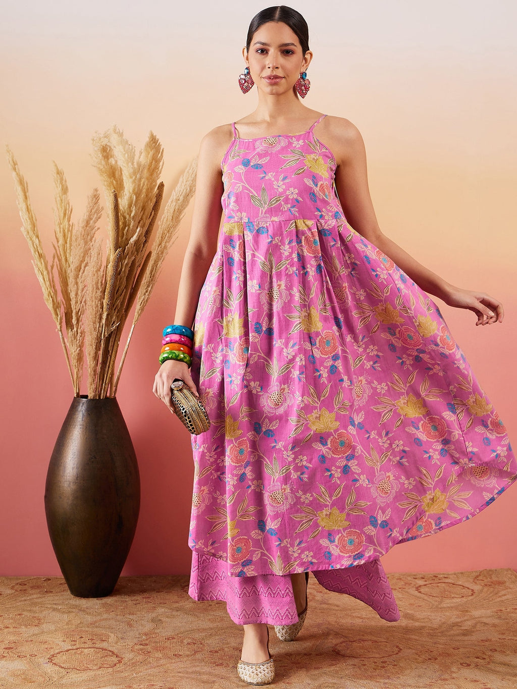InWeave Dull Pink Floral Print Strappy Printed Palazzo Set