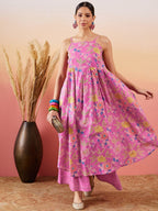 InWeave Dull Pink Floral Print Strappy Printed Palazzo Set
