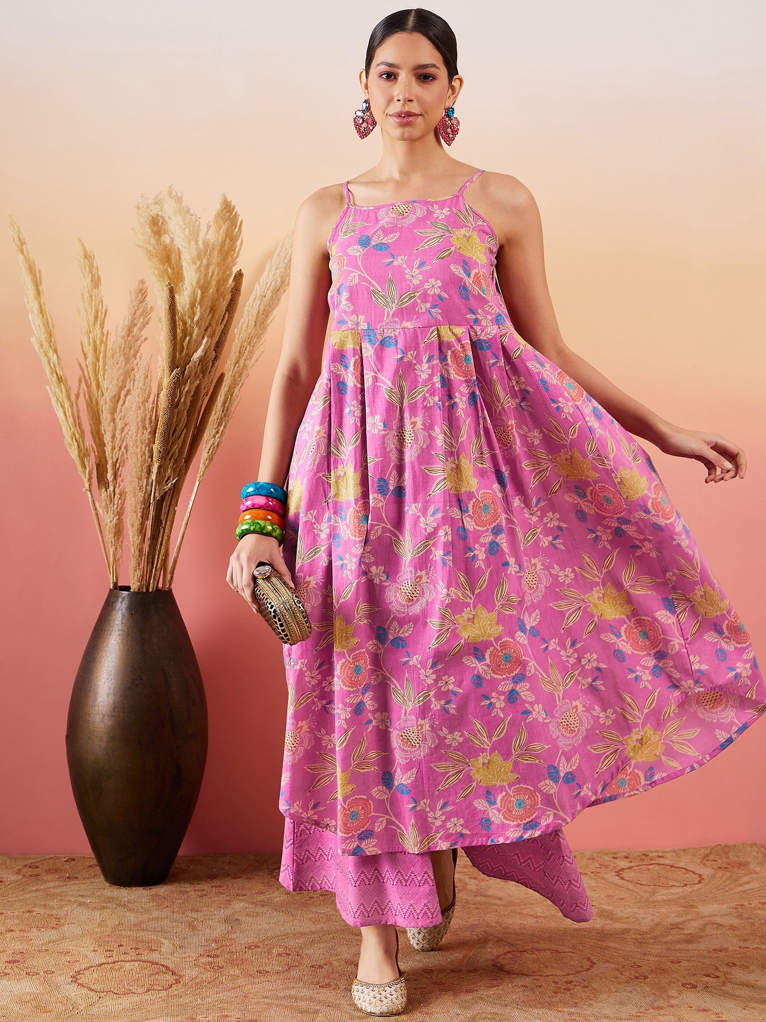 InWeave Dull Pink Floral Print Strappy Printed Palazzo Set