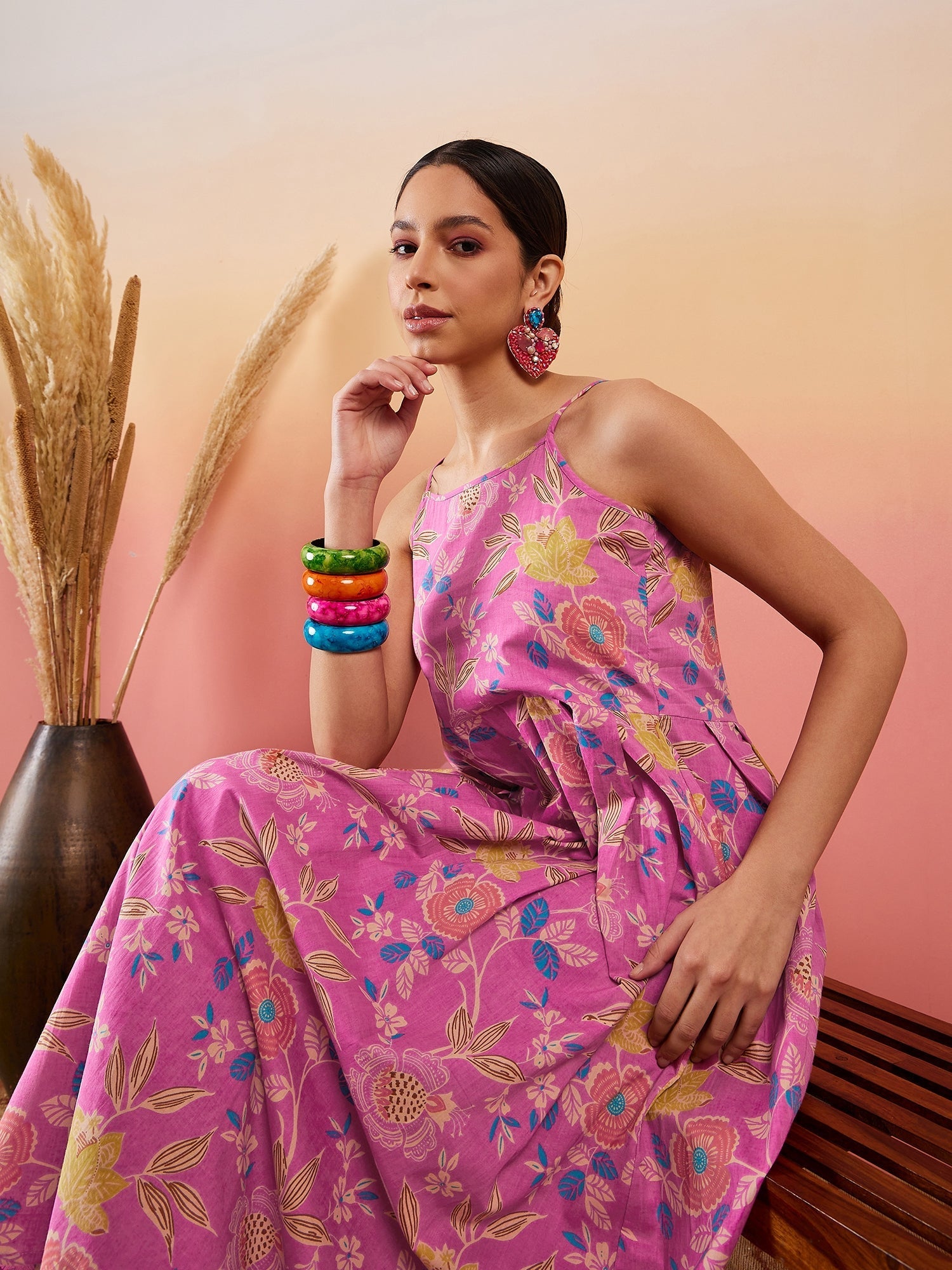 InWeave Dull Pink Floral Print Strappy Printed Palazzo Set