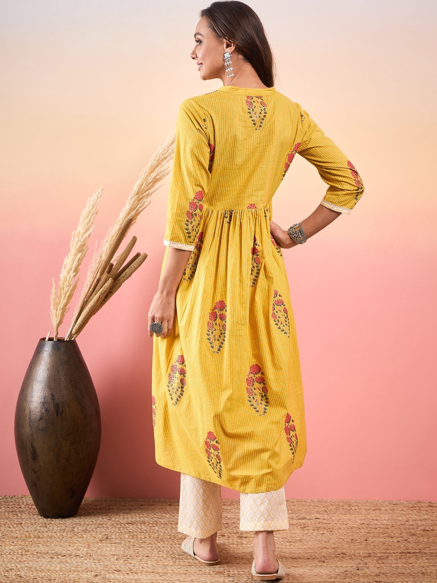 InWeave Yellow Striped V Neck Lace Front Slit Kurta Pant Set - Distacart