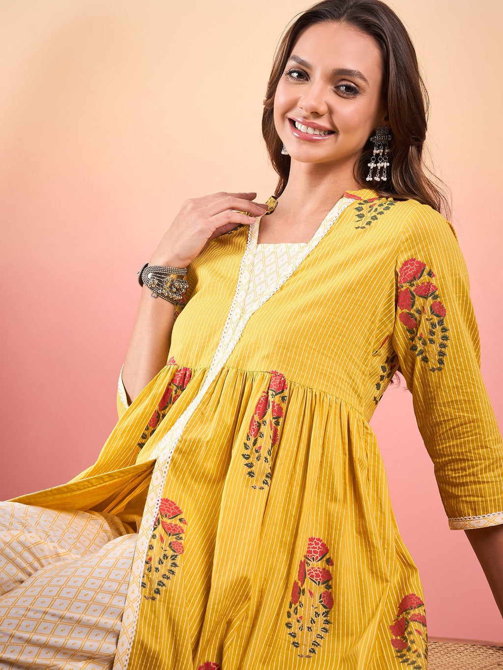 InWeave Yellow Striped V Neck Lace Front Slit Kurta Pant Set - Distacart