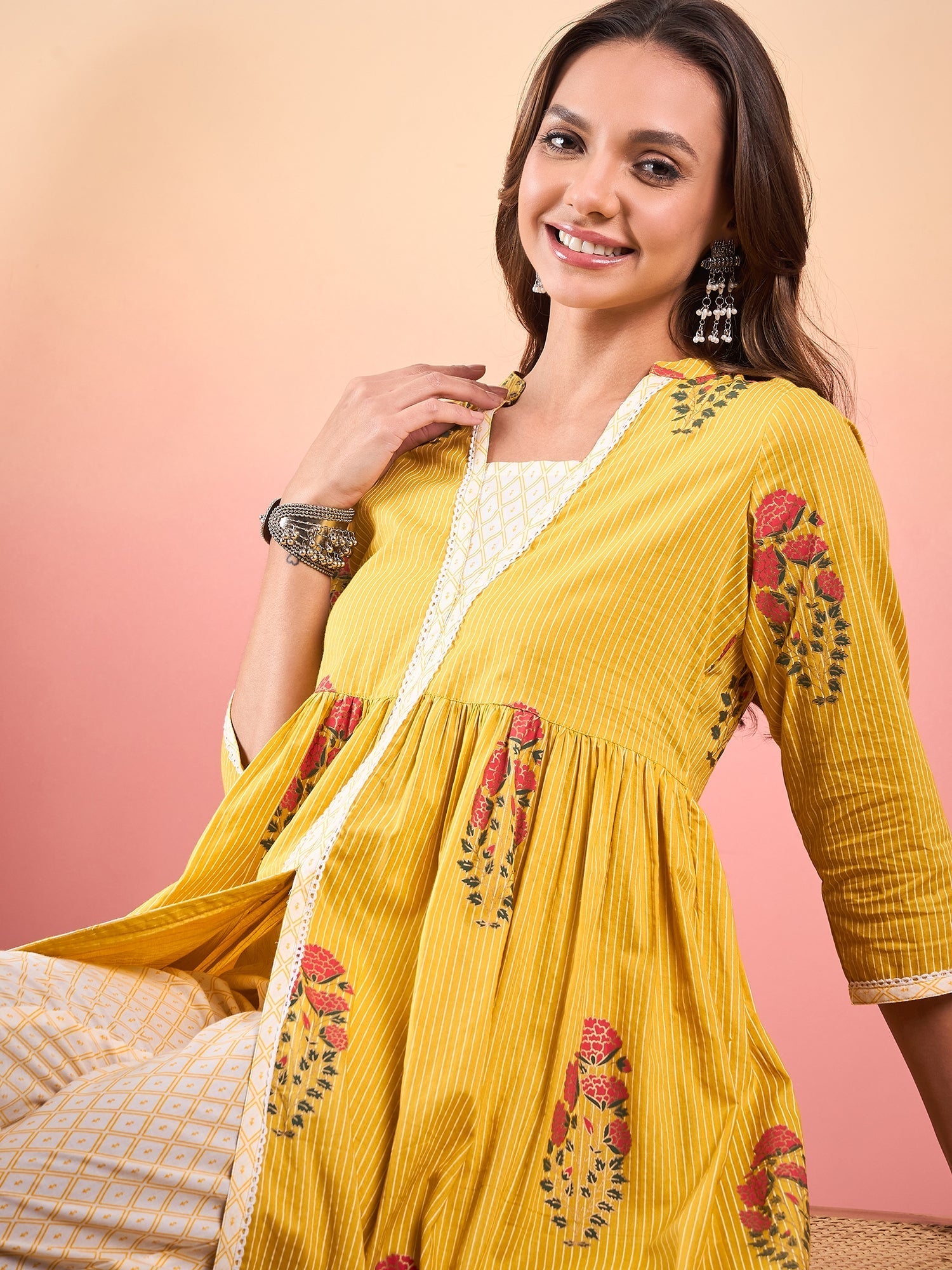 InWeave Yellow Striped V Neck Lace Front Slit Kurta Pant Set - Distacart
