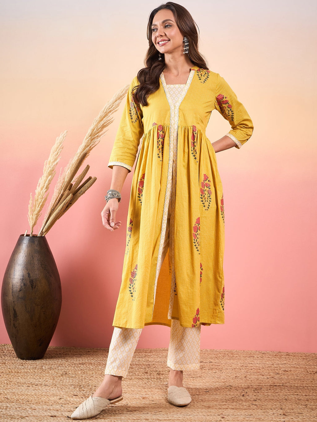 InWeave Yellow Striped V Neck Lace Front Slit Kurta Pant Set - Distacart