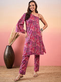InWeave Pink Violet Printed One Shoulder Strapp Kurta Set