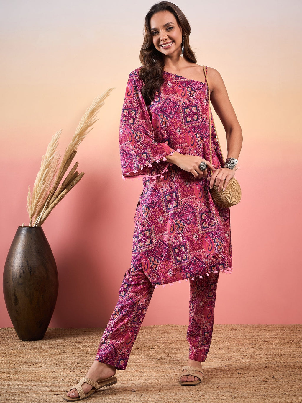 InWeave Pink Violet Printed One Shoulder Strapp Kurta Set