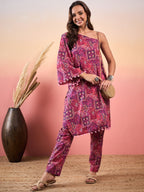InWeave Pink Violet Printed One Shoulder Strapp Kurta Set