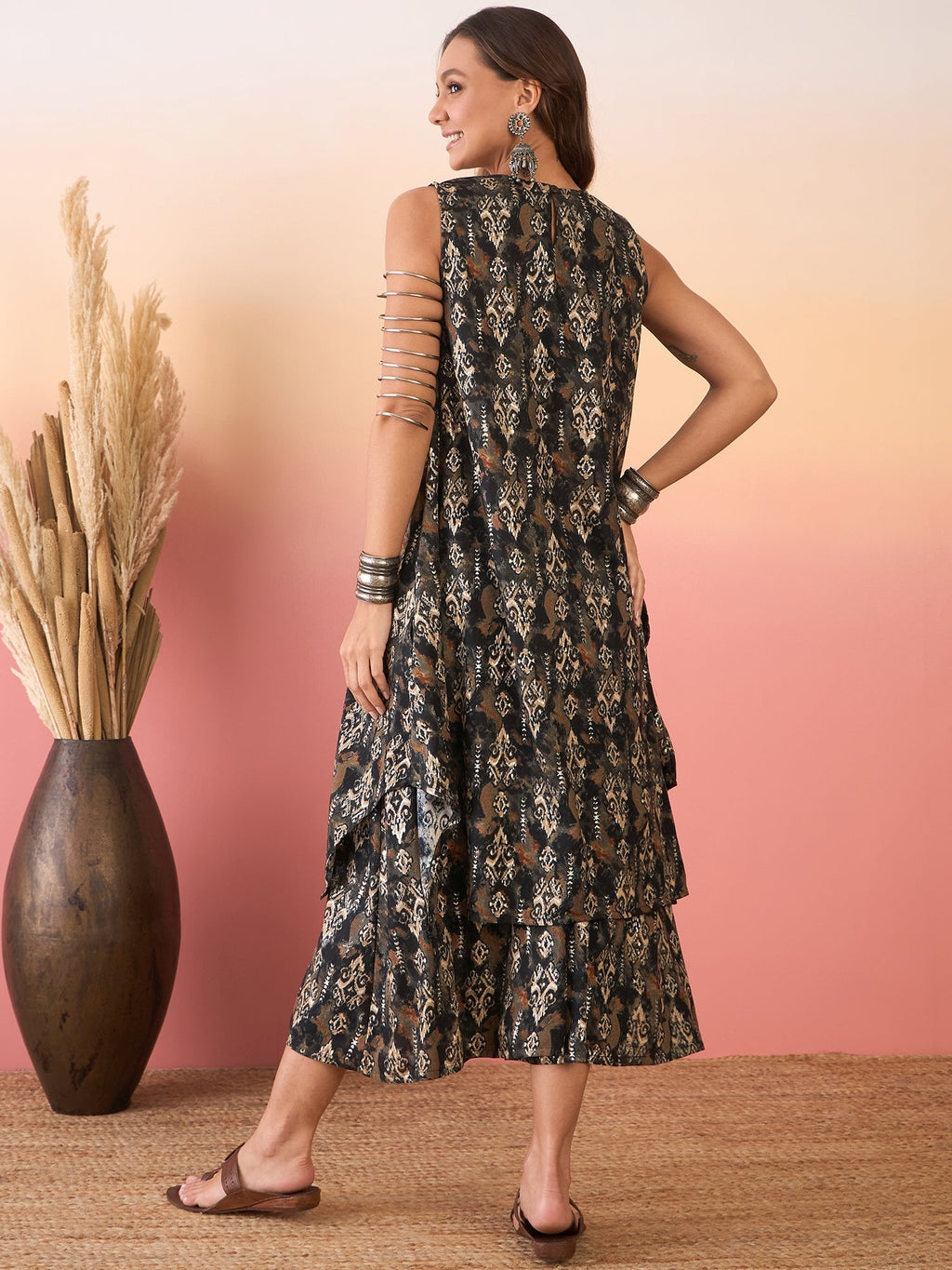 InWeave Black Ikkat Print Foil Round Neck Palazzo Set