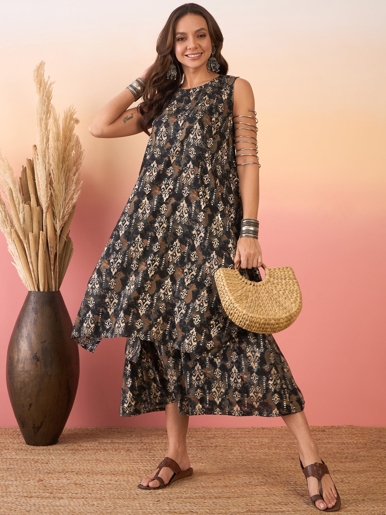 InWeave Black Ikkat Print Foil Round Neck Palazzo Set