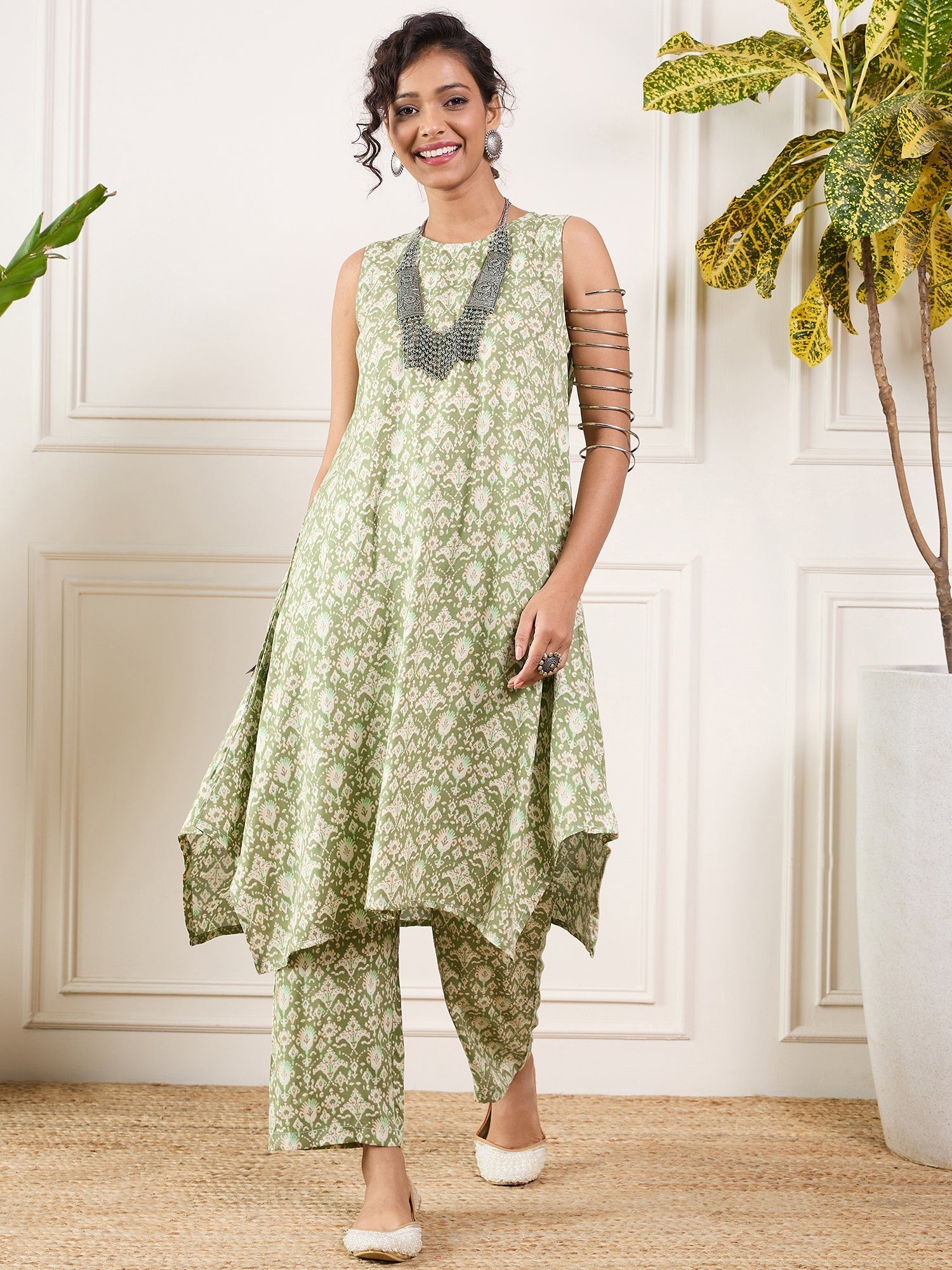 InWeave Apple Green Ikkat Print Foil Round Neck Kurta Pant Set - Distacart