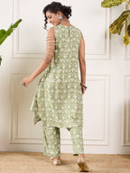 InWeave Apple Green Ikkat Print Foil Round Neck Kurta Pant Set - Distacart