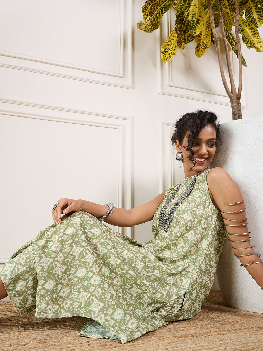 InWeave Apple Green Ikkat Print Foil Round Neck Kurta Pant Set - Distacart