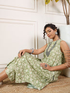 InWeave Apple Green Ikkat Print Foil Round Neck Kurta Pant Set - Distacart