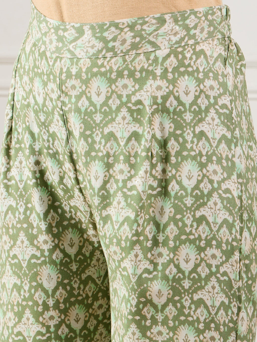 InWeave Apple Green Ikkat Print Foil Round Neck Kurta Pant Set - Distacart
