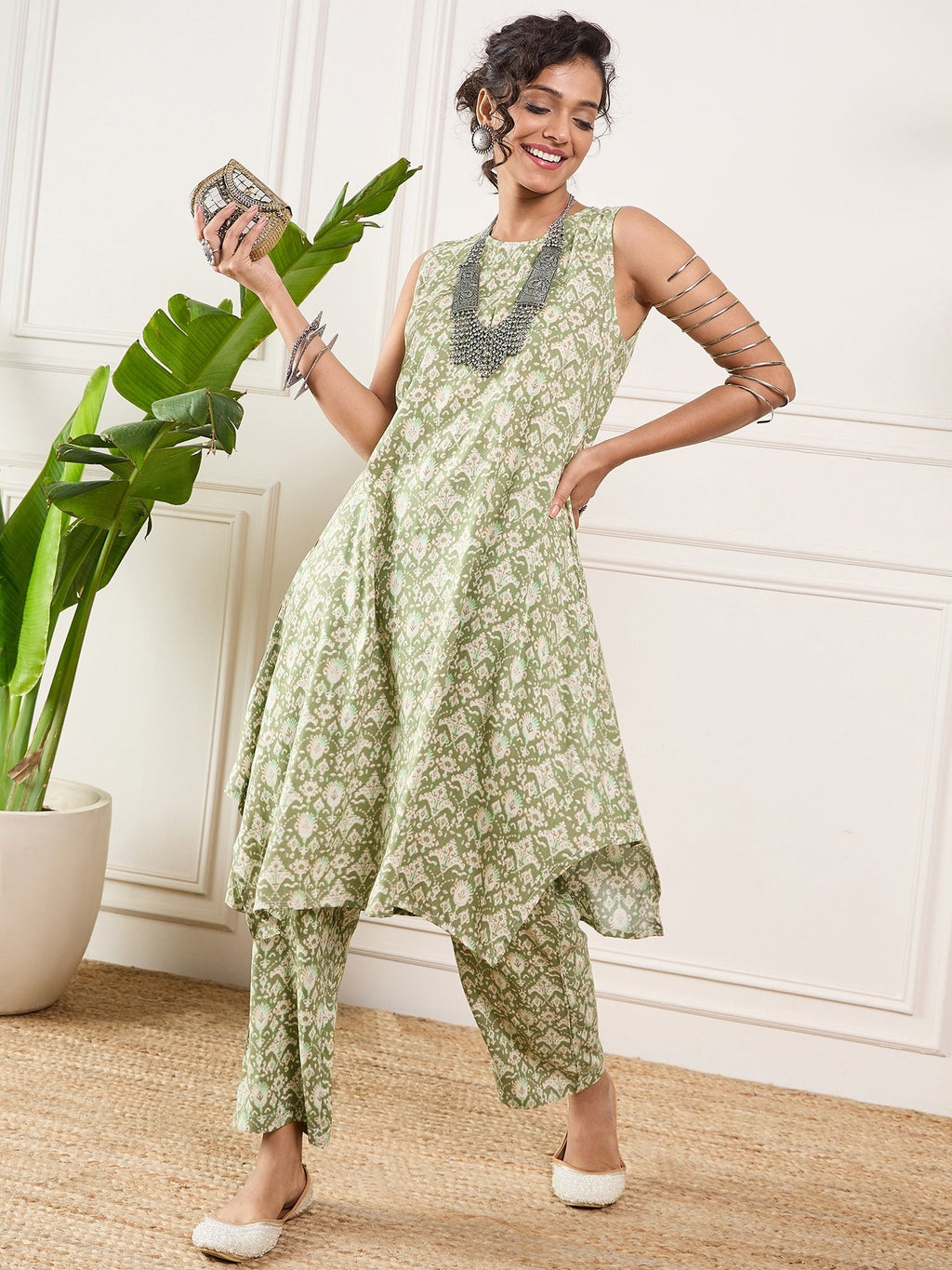 InWeave Apple Green Ikkat Print Foil Round Neck Kurta Pant Set - Distacart