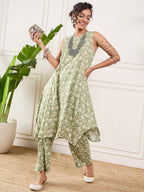InWeave Apple Green Ikkat Print Foil Round Neck Kurta Pant Set - Distacart