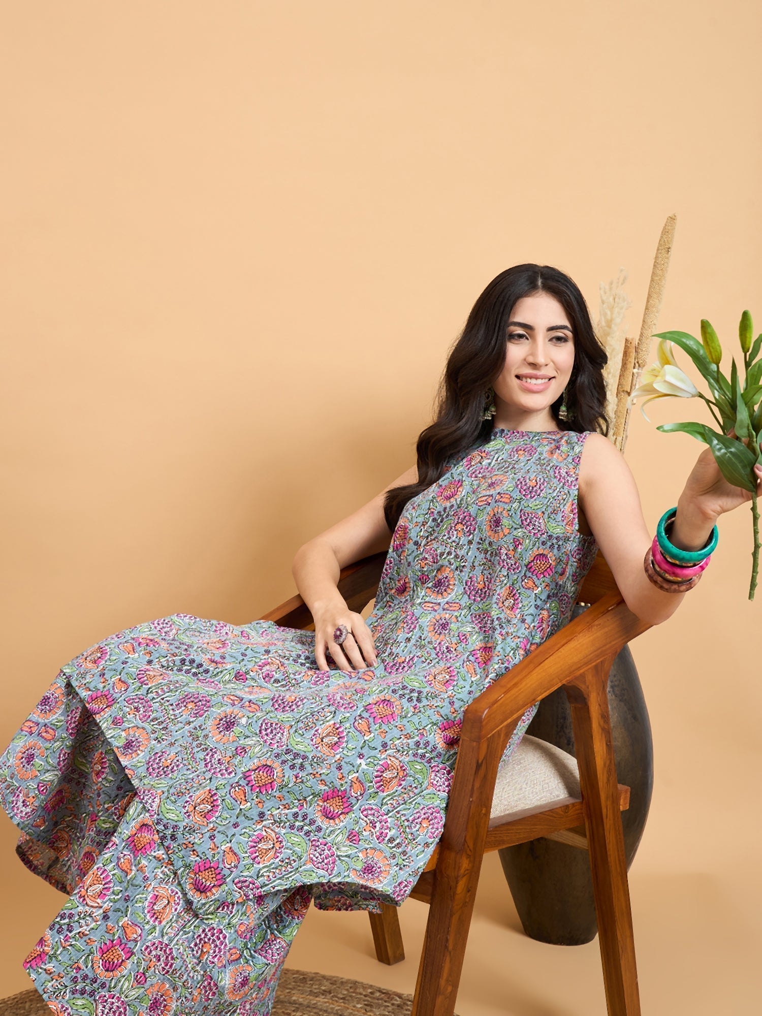 InWeave Grey Kantha Floral Jaal Short Palazzo Set