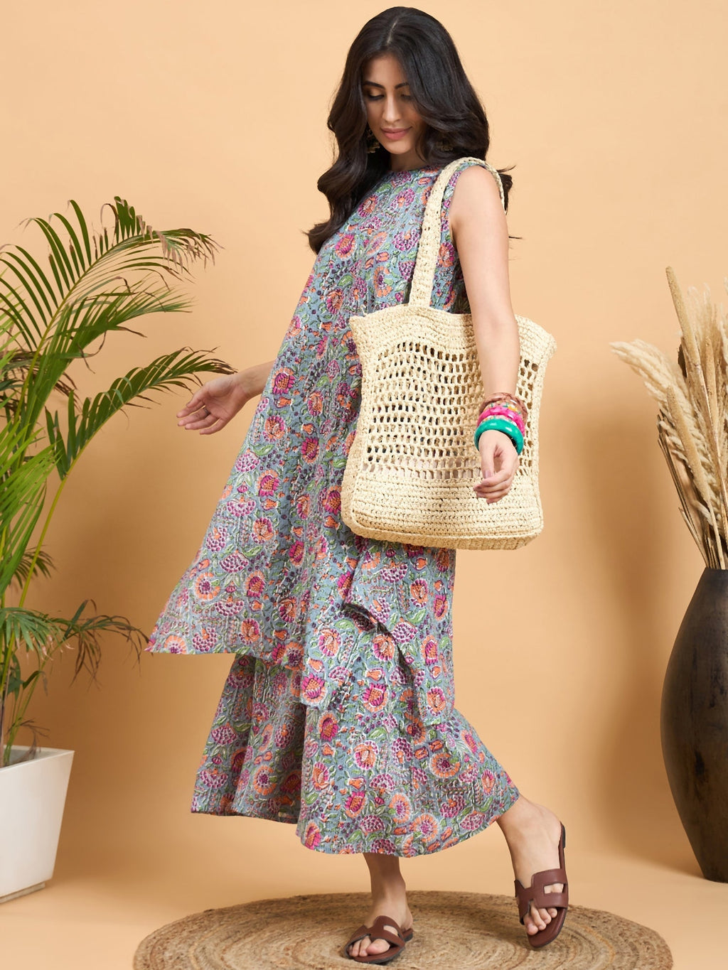 InWeave Grey Kantha Floral Jaal Short Palazzo Set