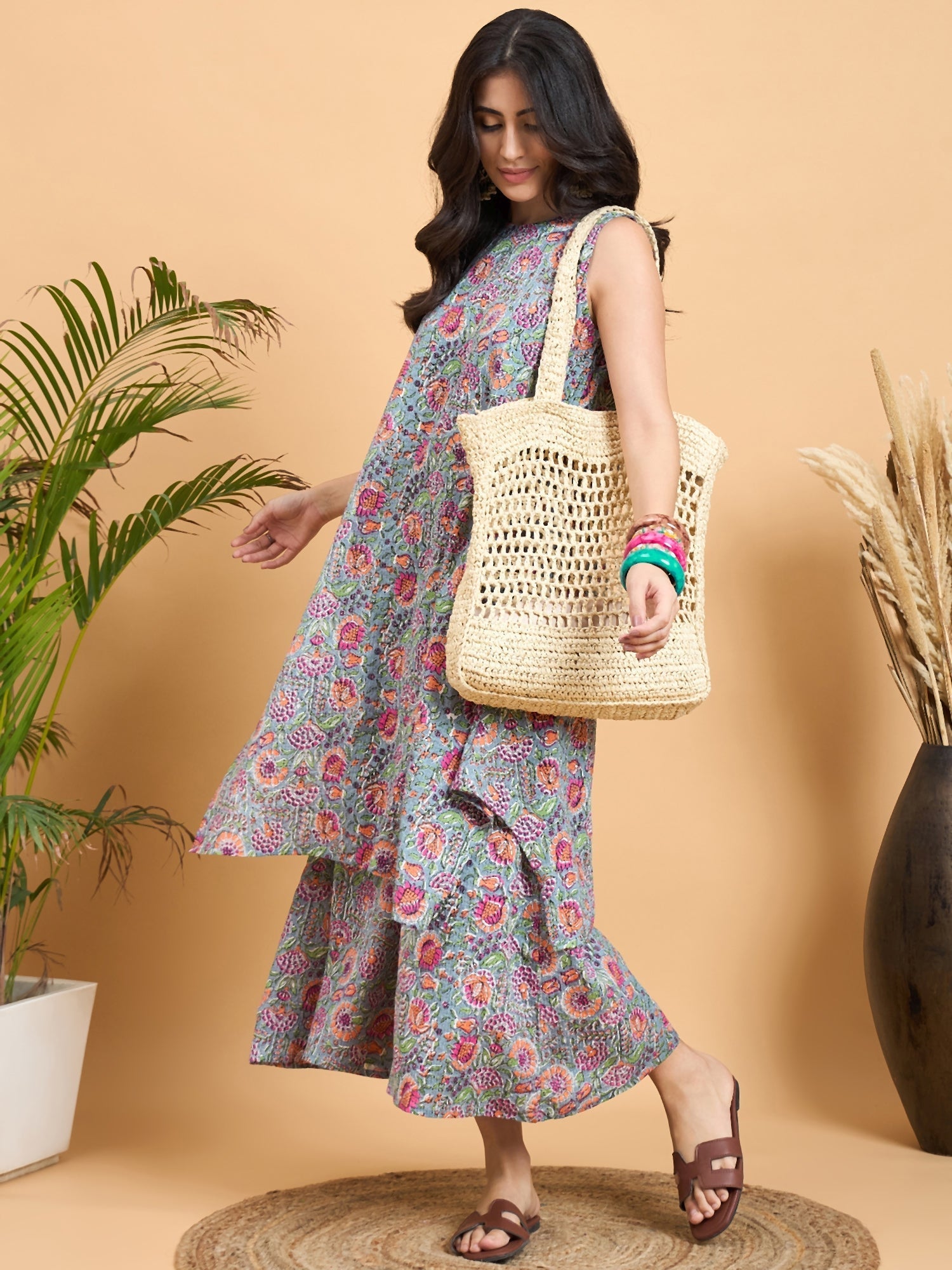 InWeave Grey Kantha Floral Jaal Short Palazzo Set