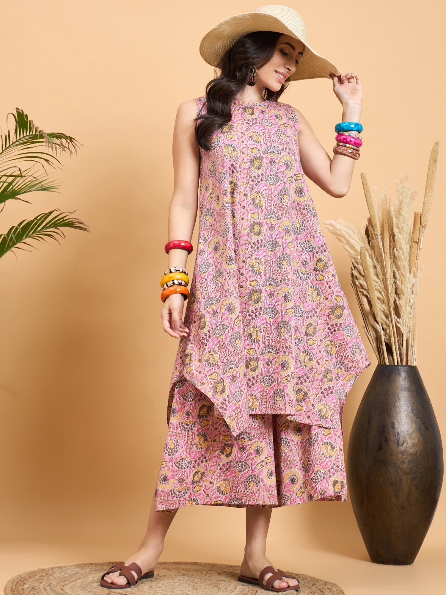 InWeave Pastel Pink Kantha Floral Jaal Short Palazzo Set