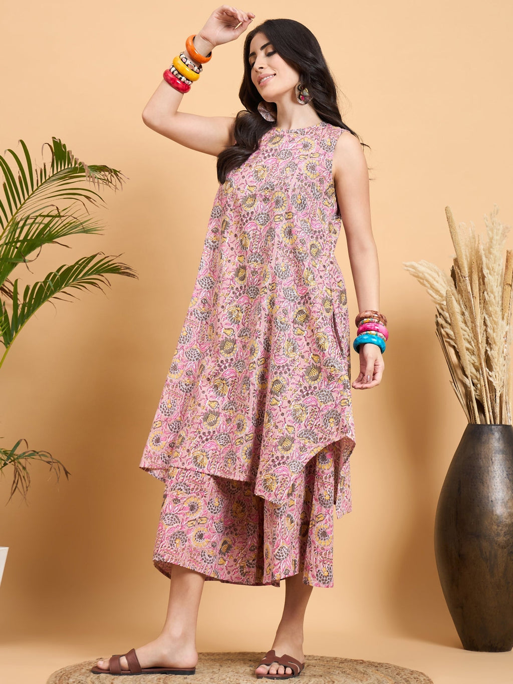 InWeave Pastel Pink Kantha Floral Jaal Short Palazzo Set