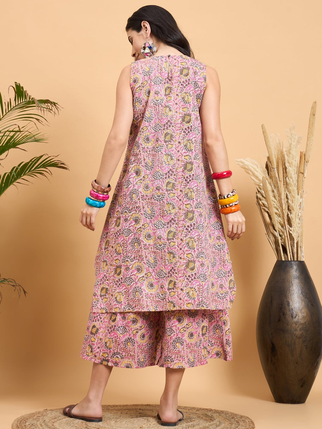 InWeave Pastel Pink Kantha Floral Jaal Short Palazzo Set