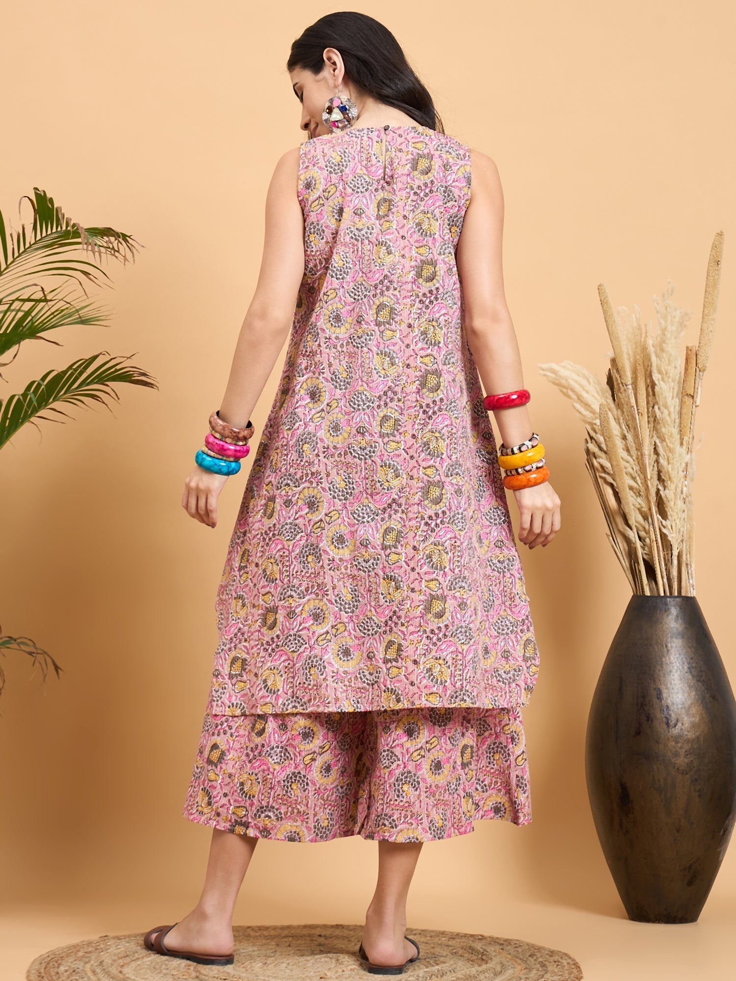 InWeave Pastel Pink Kantha Floral Jaal Short Palazzo Set