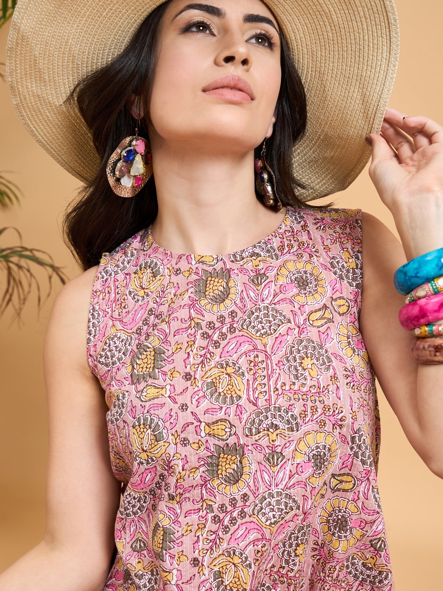 InWeave Pastel Pink Kantha Floral Jaal Short Palazzo Set