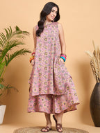 InWeave Pastel Pink Kantha Floral Jaal Short Palazzo Set