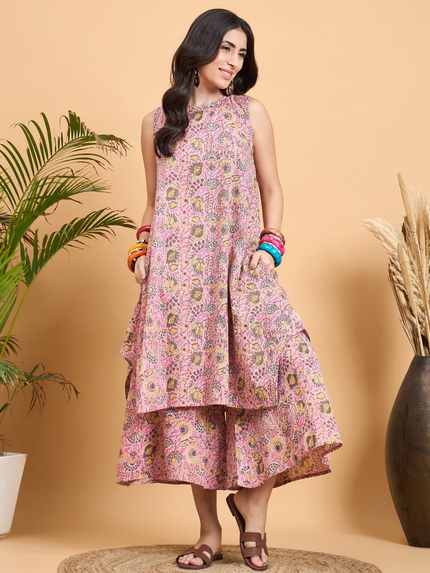 InWeave Pastel Pink Kantha Floral Jaal Short Palazzo Set