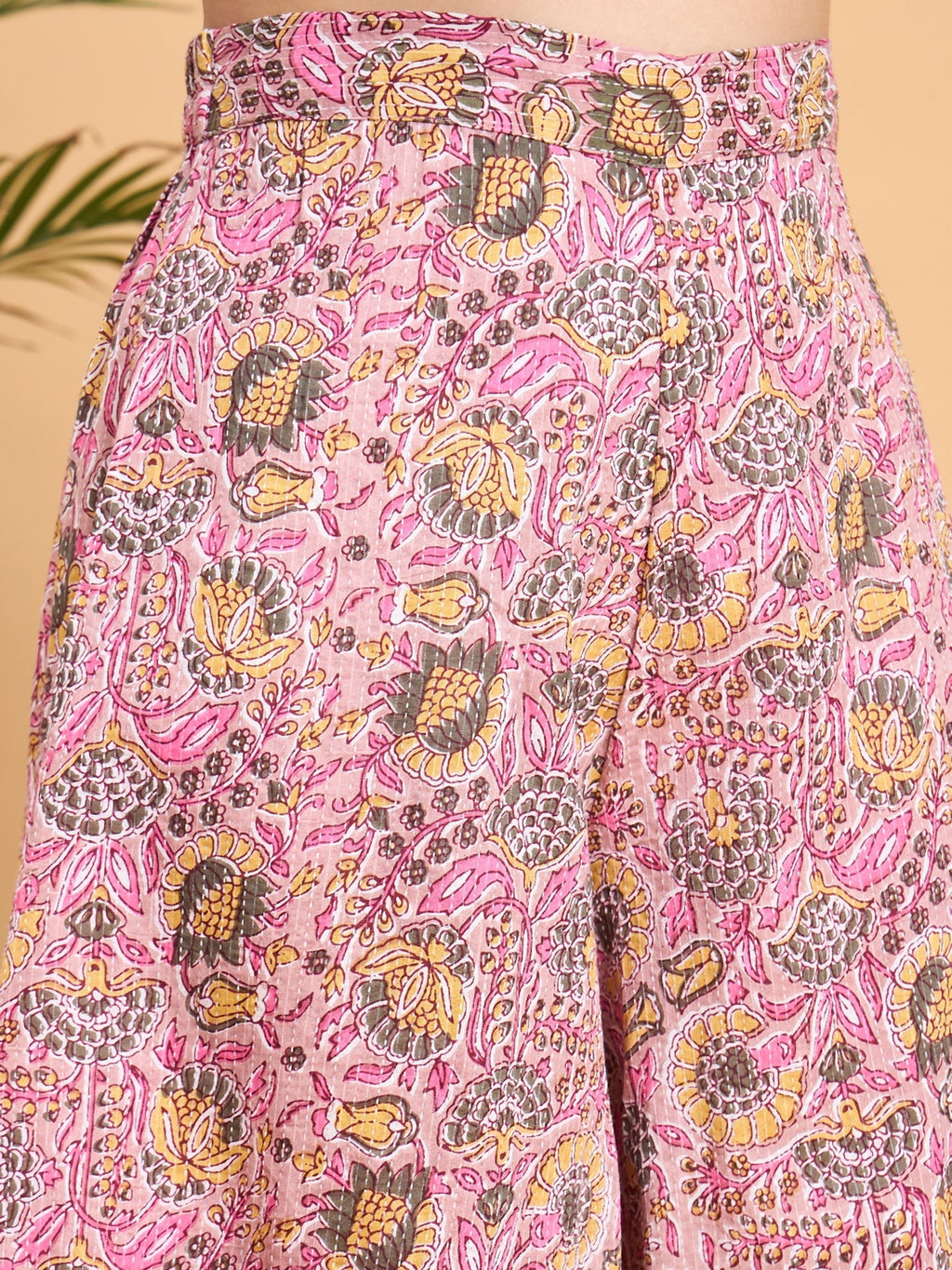 InWeave Pastel Pink Kantha Floral Jaal Short Palazzo Set