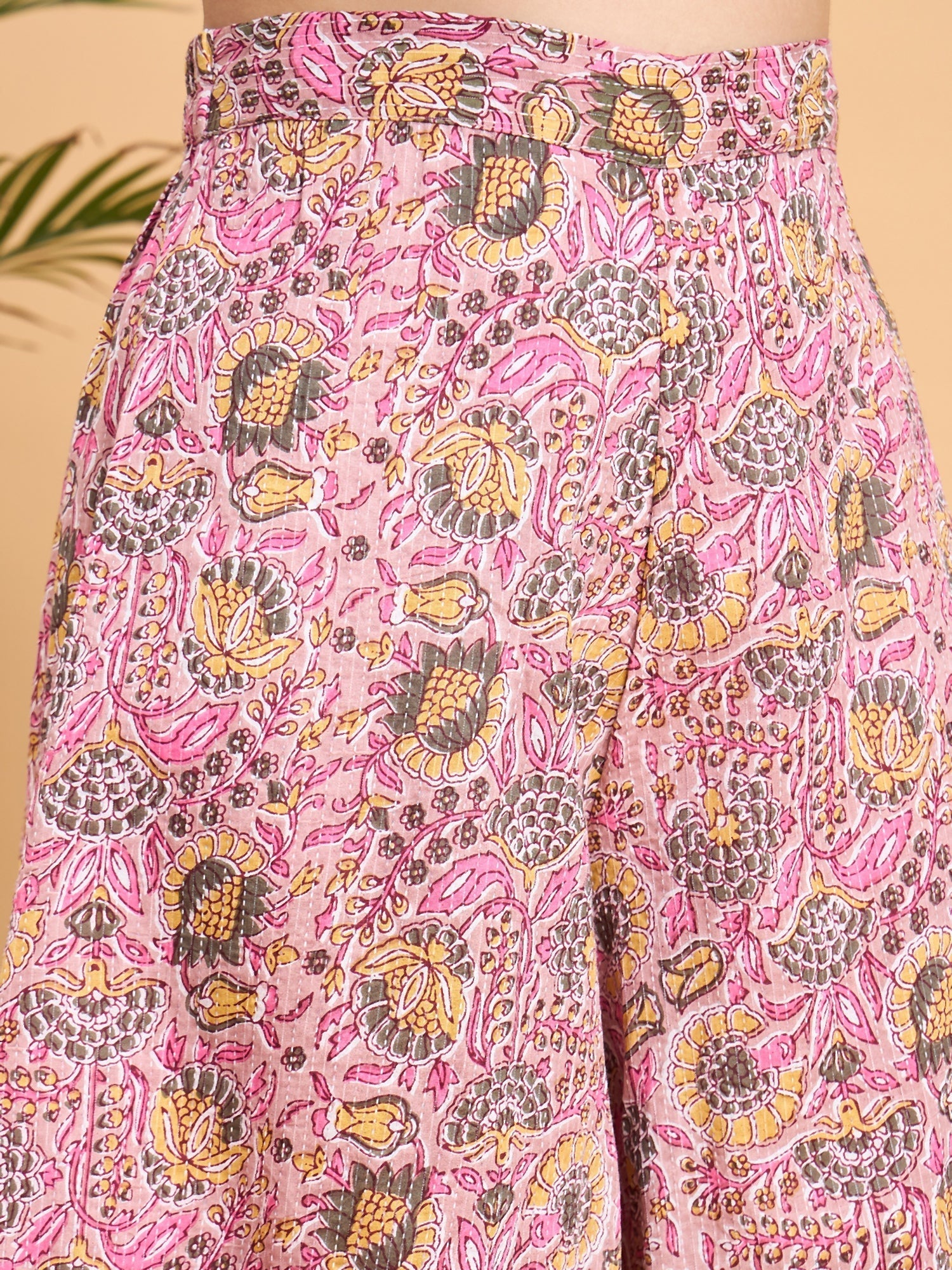 InWeave Pastel Pink Kantha Floral Jaal Short Palazzo Set