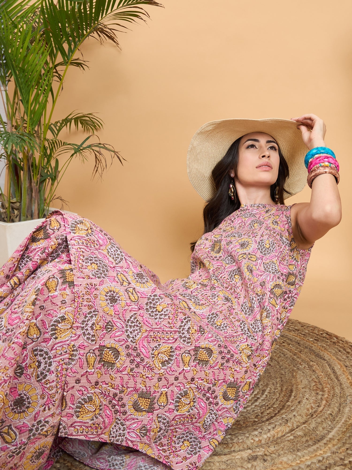 InWeave Pastel Pink Kantha Floral Jaal Short Palazzo Set