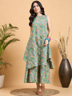 InWeave Mint Green Kantha Floral Jaal Short Palazzo Set