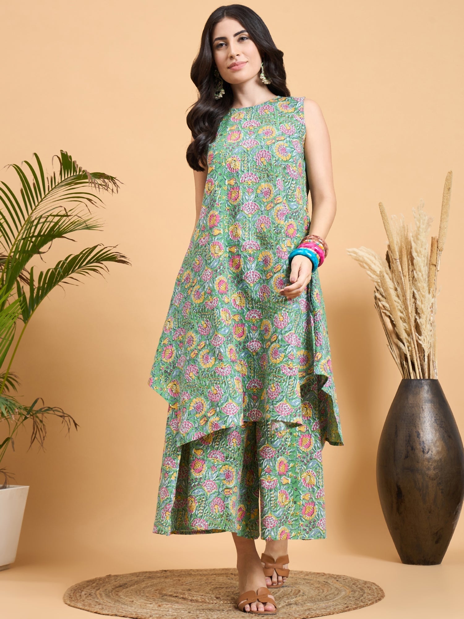 InWeave Mint Green Kantha Floral Jaal Short Palazzo Set