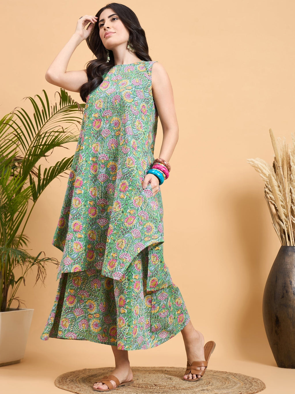 InWeave Mint Green Kantha Floral Jaal Short Palazzo Set
