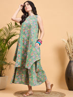 InWeave Mint Green Kantha Floral Jaal Short Palazzo Set