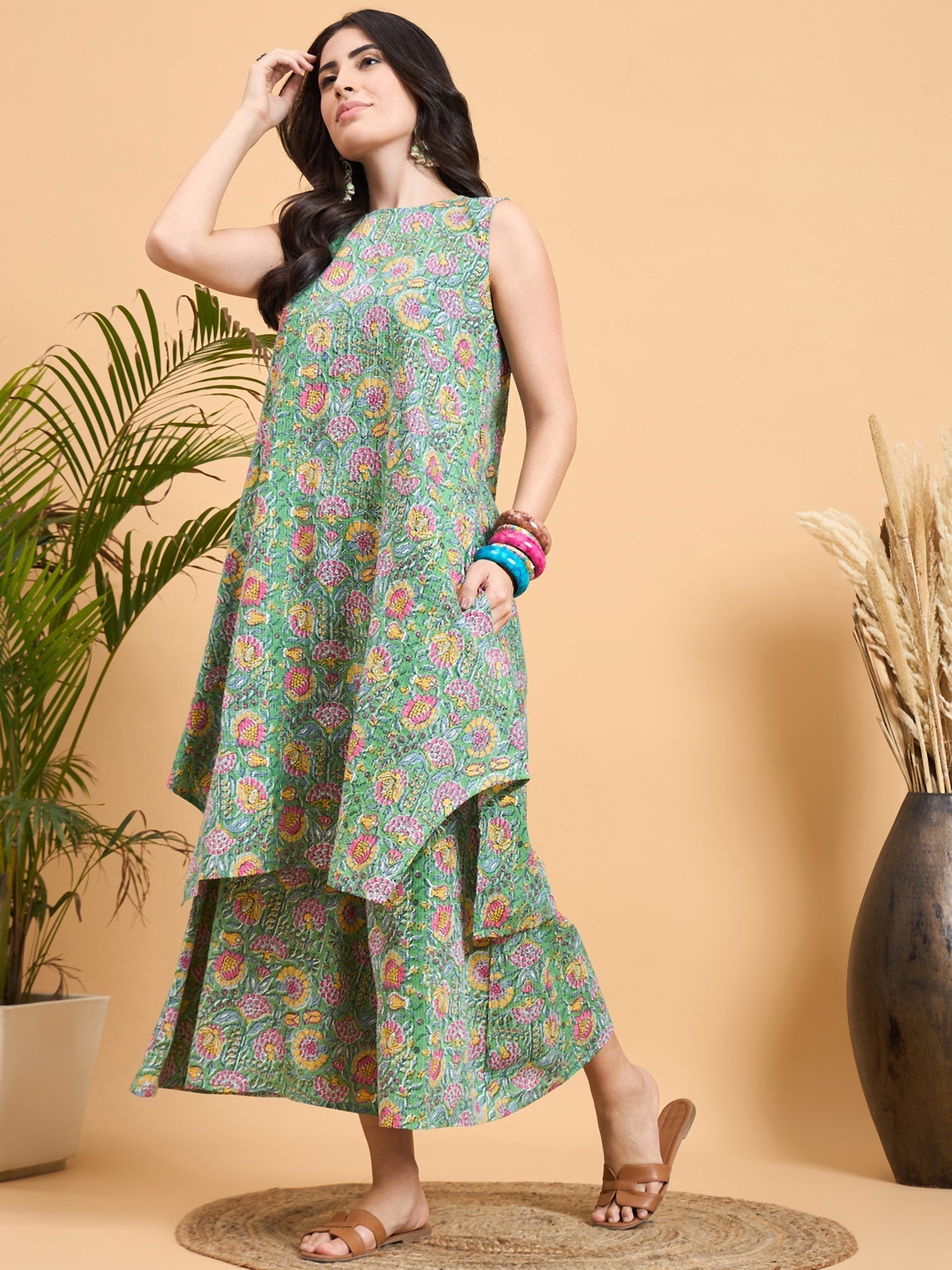 InWeave Mint Green Kantha Floral Jaal Short Palazzo Set