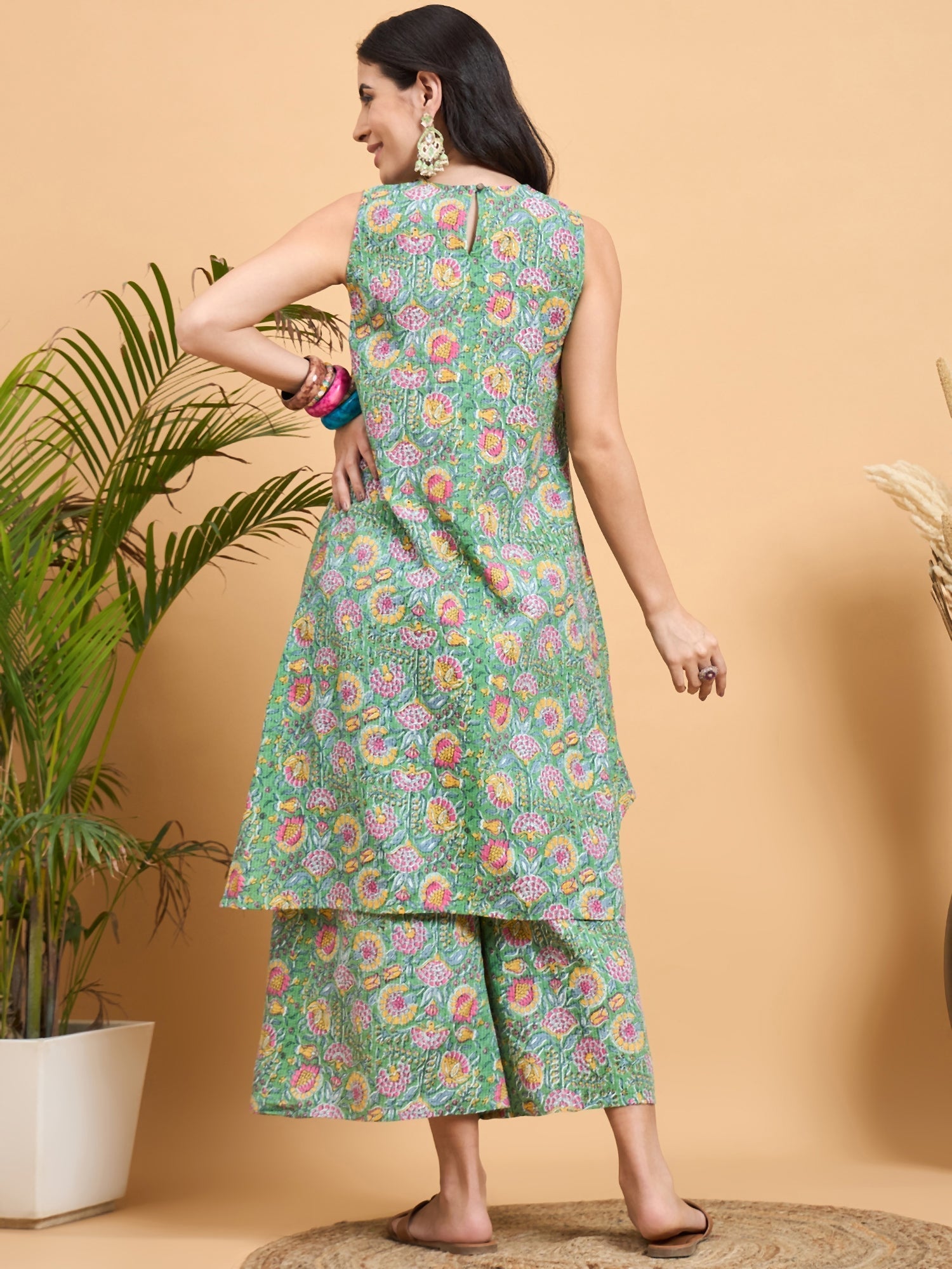 InWeave Mint Green Kantha Floral Jaal Short Palazzo Set