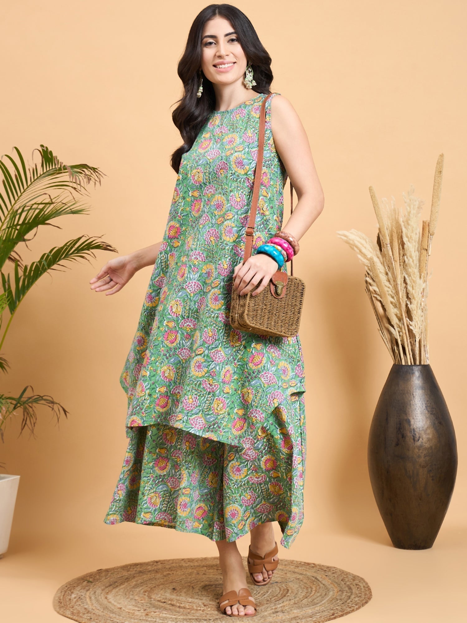 InWeave Mint Green Kantha Floral Jaal Short Palazzo Set