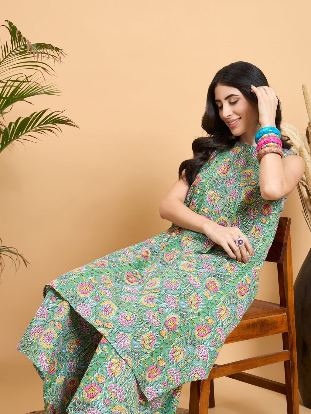 InWeave Mint Green Kantha Floral Jaal Short Palazzo Set