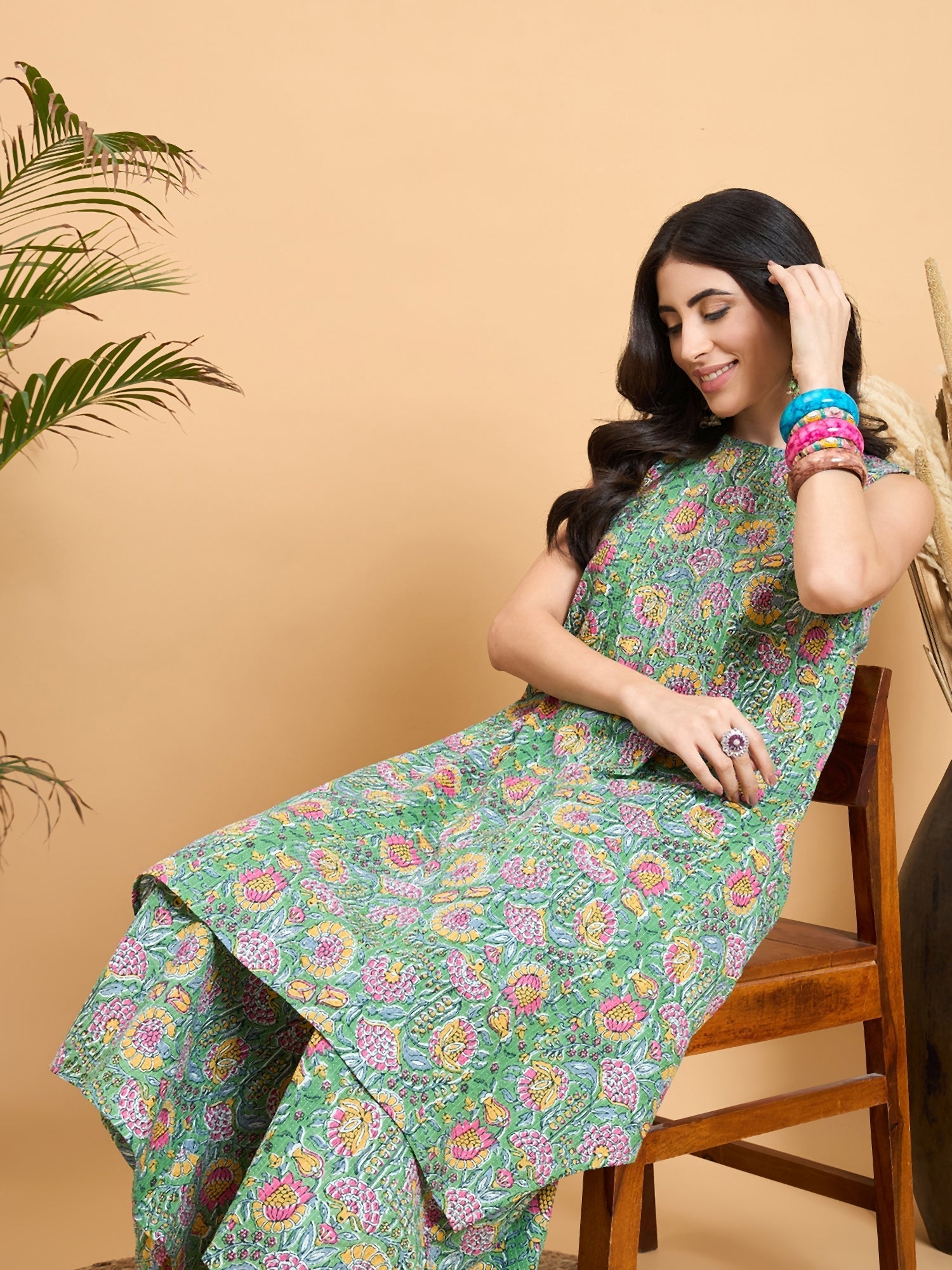 InWeave Mint Green Kantha Floral Jaal Short Palazzo Set