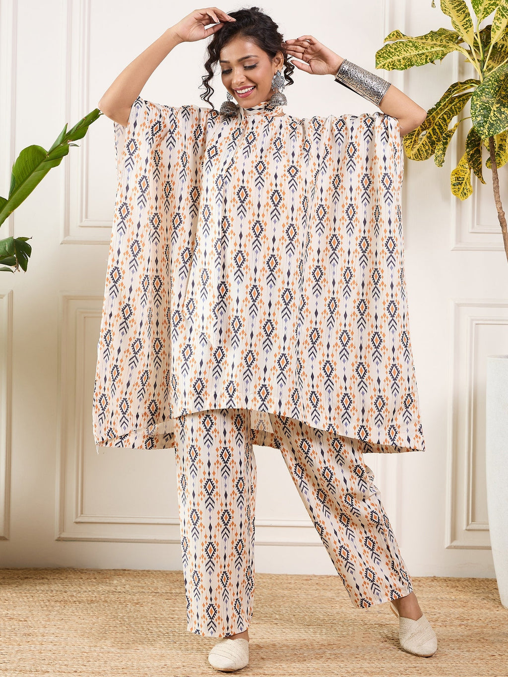 InWeave Off White Orange Black Ikkat Print Tie Neck Kaftan Boho Set