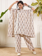 InWeave Off White Orange Black Ikkat Print Tie Neck Kaftan Boho Set