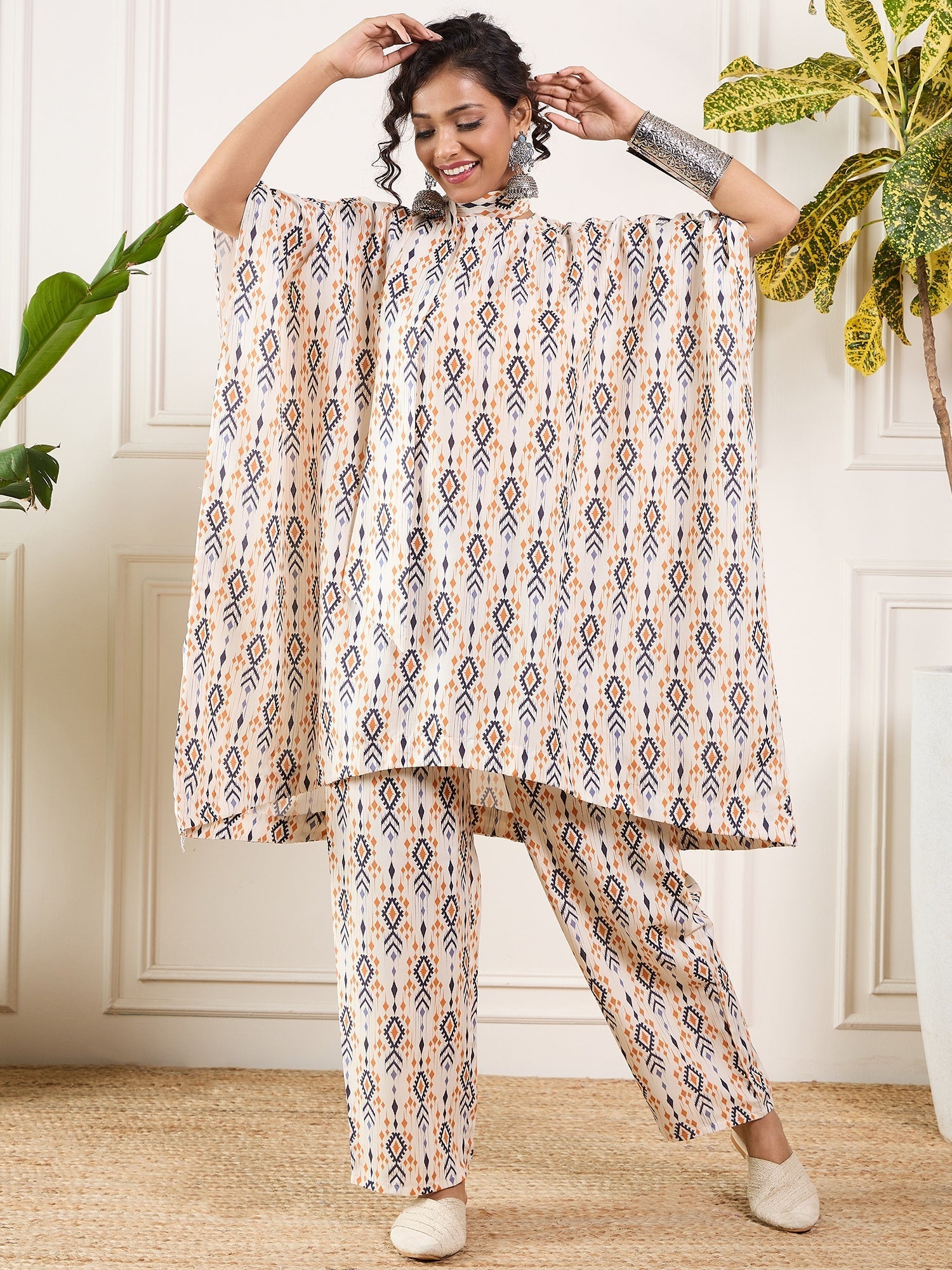 InWeave Off White Orange Black Ikkat Print Tie Neck Kaftan Boho Set
